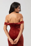 Terracotta Mermaid Off the Shoulder Velvet Bridesmaid Dress