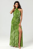 Charismatic Olive Mermaid Halter Neck Velvet Long Bridesmaid Dress With Slit