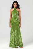 Charismatic Olive Mermaid Halter Neck Velvet Long Bridesmaid Dress With Slit