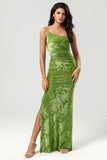 Olive Mermaid One Shoulder Velvet Bridesmaid Dress
