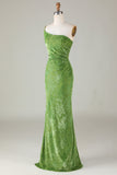 Mermaid One Shoulder Velvet Olive Bridesmaid Dress