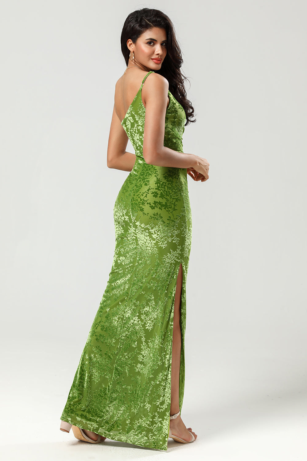 Olive Mermaid One Shoulder Velvet Bridesmaid Dress