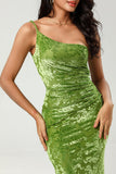 Olive Mermaid One Shoulder Velvet Bridesmaid Dress