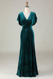 A Line Velvet V-Neck Peacock Bridesmaid Dress with Ruffles