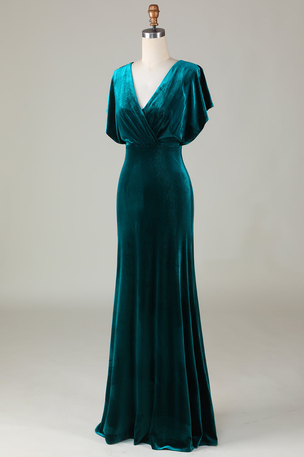 A Line Velvet V-Neck Peacock Bridesmaid Dress with Ruffles