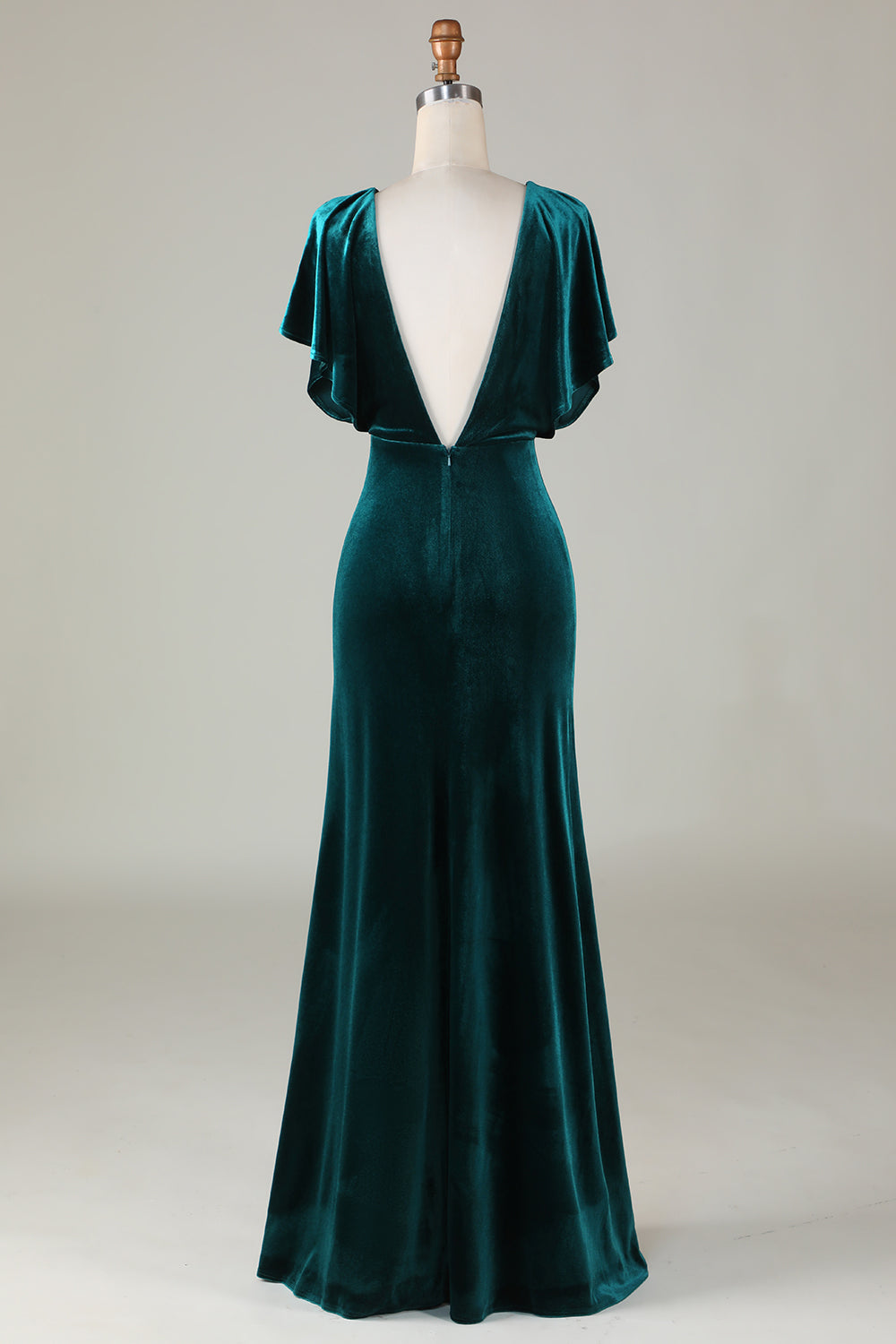 A Line Velvet V-Neck Peacock Bridesmaid Dress with Ruffles