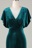 A Line Velvet V-Neck Peacock Bridesmaid Dress with Ruffles