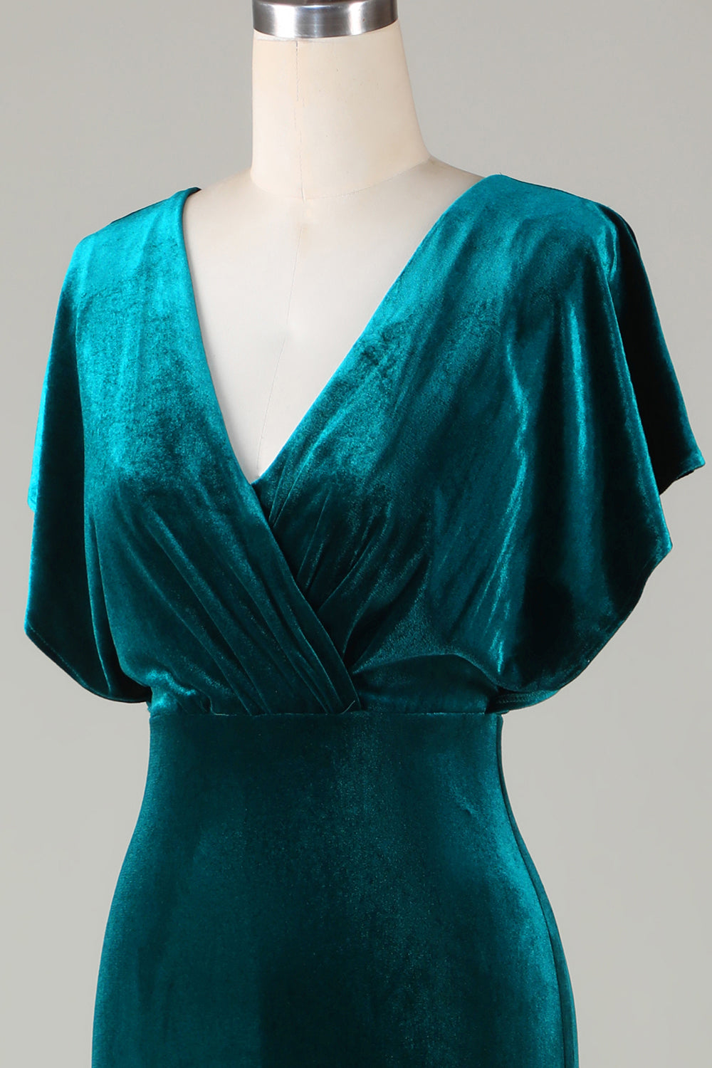 A Line Velvet V-Neck Peacock Bridesmaid Dress with Ruffles
