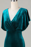 A Line Velvet V-Neck Peacock Bridesmaid Dress with Ruffles