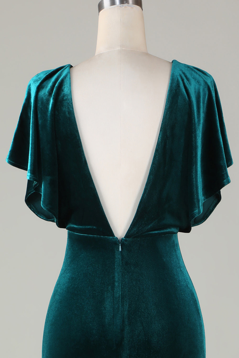 A Line Velvet V-Neck Peacock Bridesmaid Dress with Ruffles