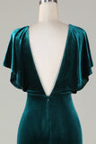 A Line Velvet V-Neck Peacock Bridesmaid Dress with Ruffles