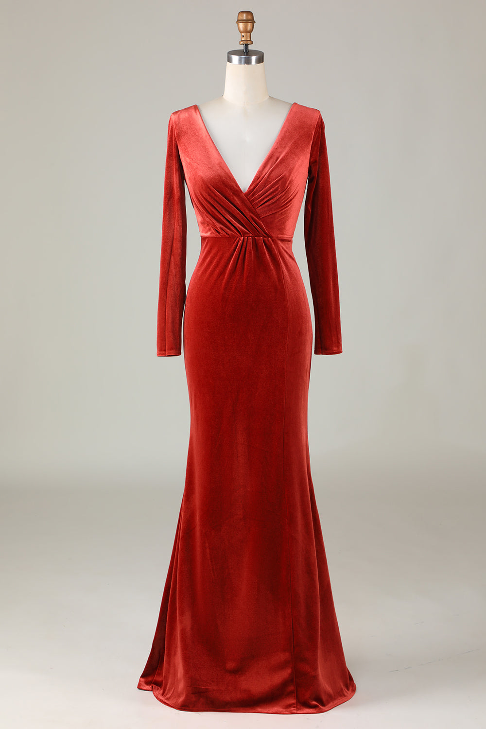 Terracotta Mermaid V Neck Velvet Bridesmaid Dress with Long Sleeves