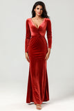 Terracotta Mermaid V-Neck Long Bridesmaid Dress with Long Sleeves