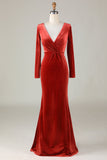 Terracotta Mermaid V Neck Velvet Bridesmaid Dress with Long Sleeves
