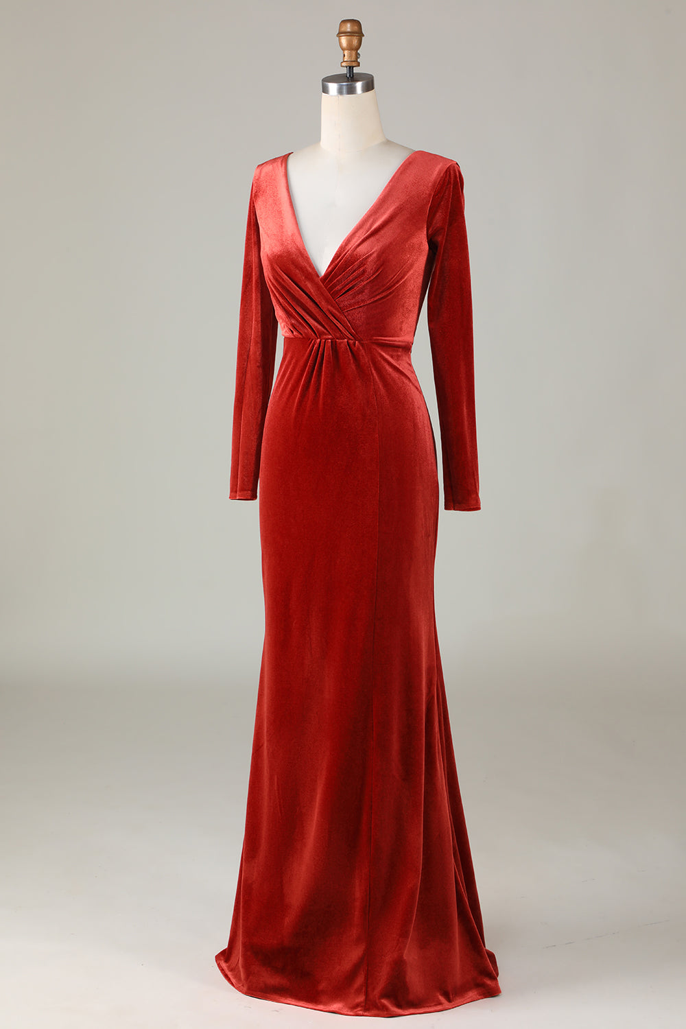 Terracotta Mermaid V Neck Velvet Bridesmaid Dress with Long Sleeves