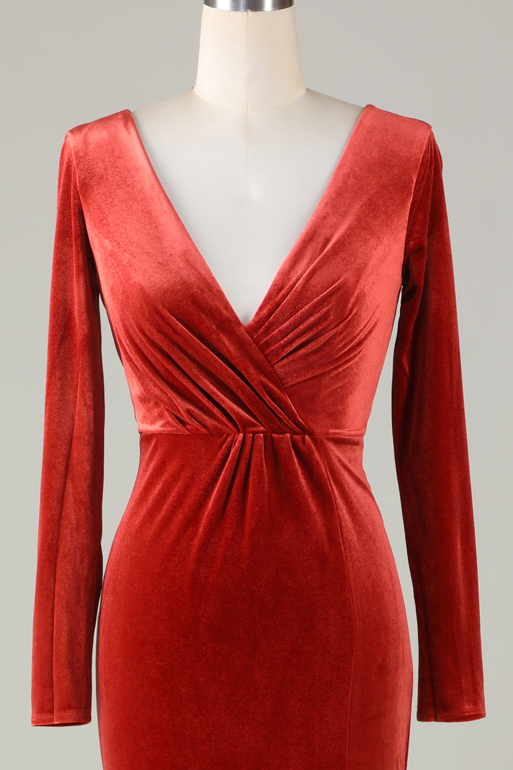 Terracotta Mermaid V Neck Velvet Bridesmaid Dress with Long Sleeves