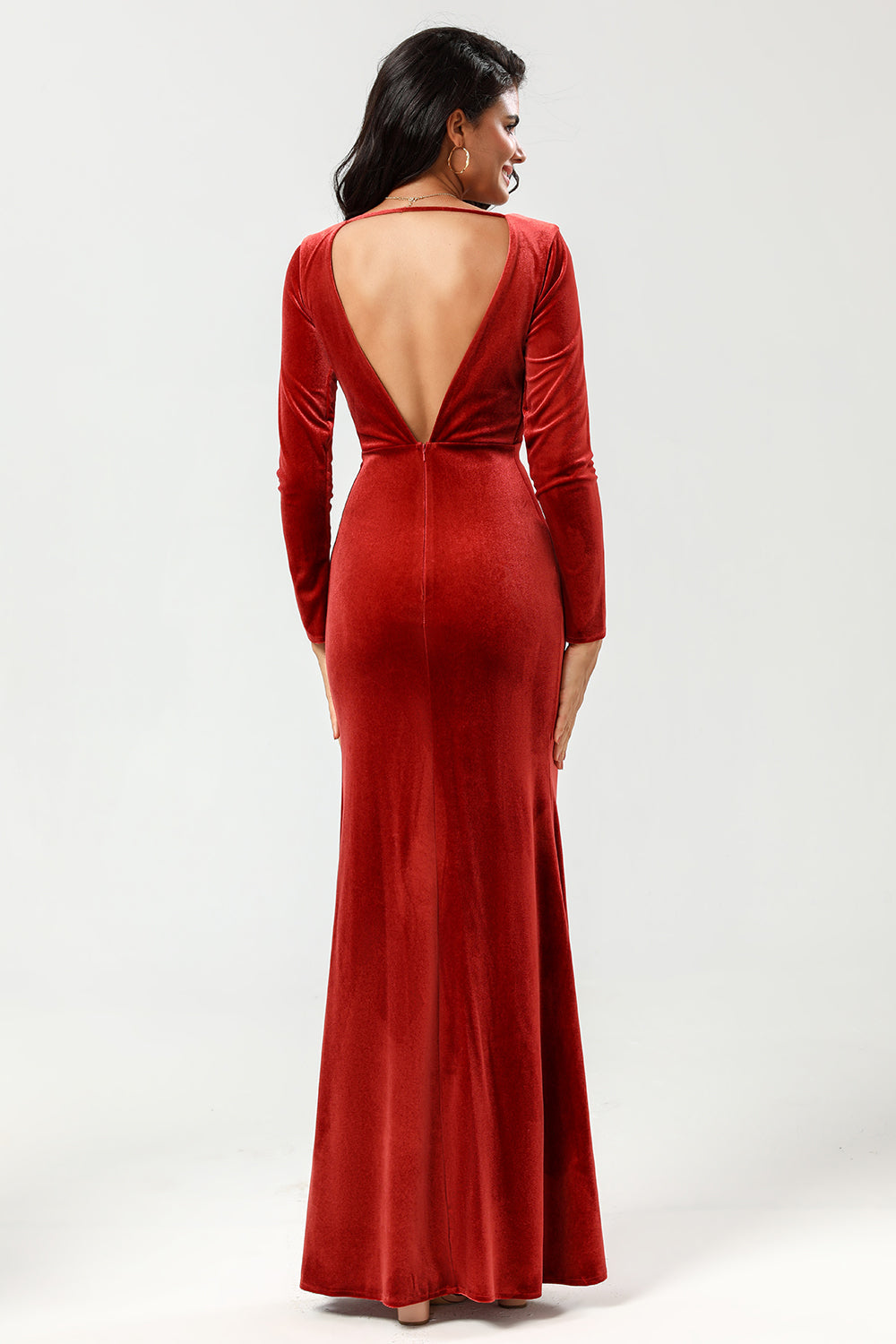Terracotta Mermaid V-Neck Long Bridesmaid Dress with Long Sleeves