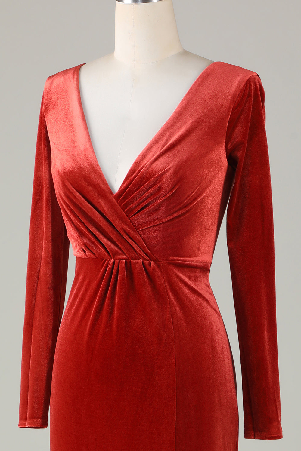 Terracotta Mermaid V Neck Velvet Bridesmaid Dress with Long Sleeves