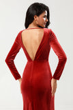 Terracotta Mermaid V-Neck Long Bridesmaid Dress with Long Sleeves