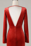 Terracotta Mermaid V Neck Velvet Bridesmaid Dress with Long Sleeves