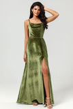 A Line Velvet Green Long Bridesmaid Dress with Slit