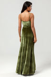 A Line Velvet Green Long Bridesmaid Dress with Slit