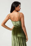 A Line Velvet Green Long Bridesmaid Dress with Slit