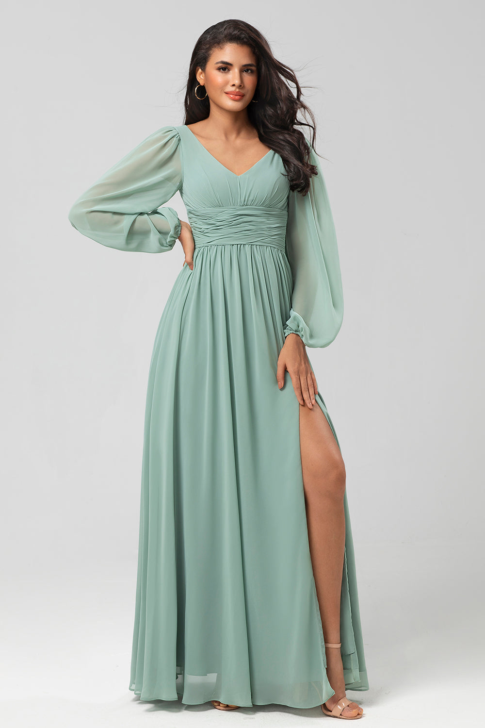 A Line Long Sleeves Green Bridesmaid Dress with Slit