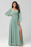 A Line Long Sleeves Green Bridesmaid Dress with Slit