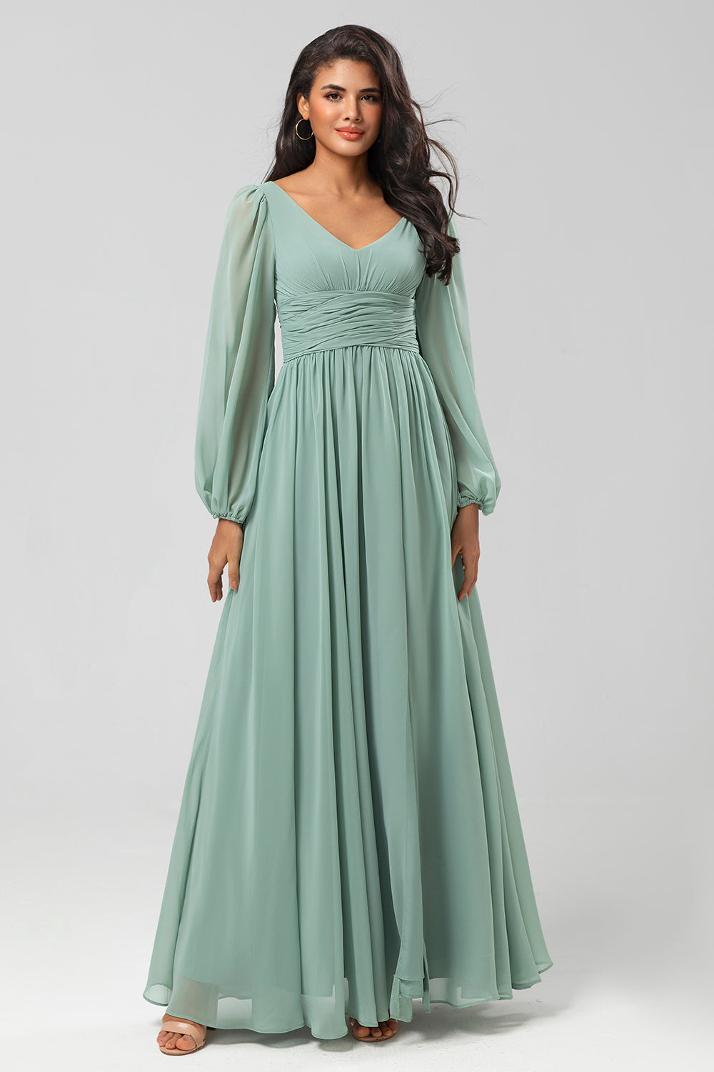 A Line Long Sleeves Green Bridesmaid Dress with Slit