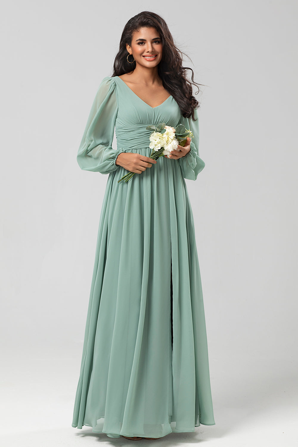 A Line Long Sleeves Green Bridesmaid Dress with Slit