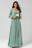 A Line Long Sleeves Green Bridesmaid Dress with Slit