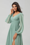 A Line Long Sleeves Green Bridesmaid Dress with Slit