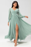A Line Long Sleeves Chiffon Bridesmaid Dress with Buttons