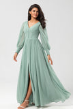 A Line Long Sleeves Chiffon Bridesmaid Dress with Buttons