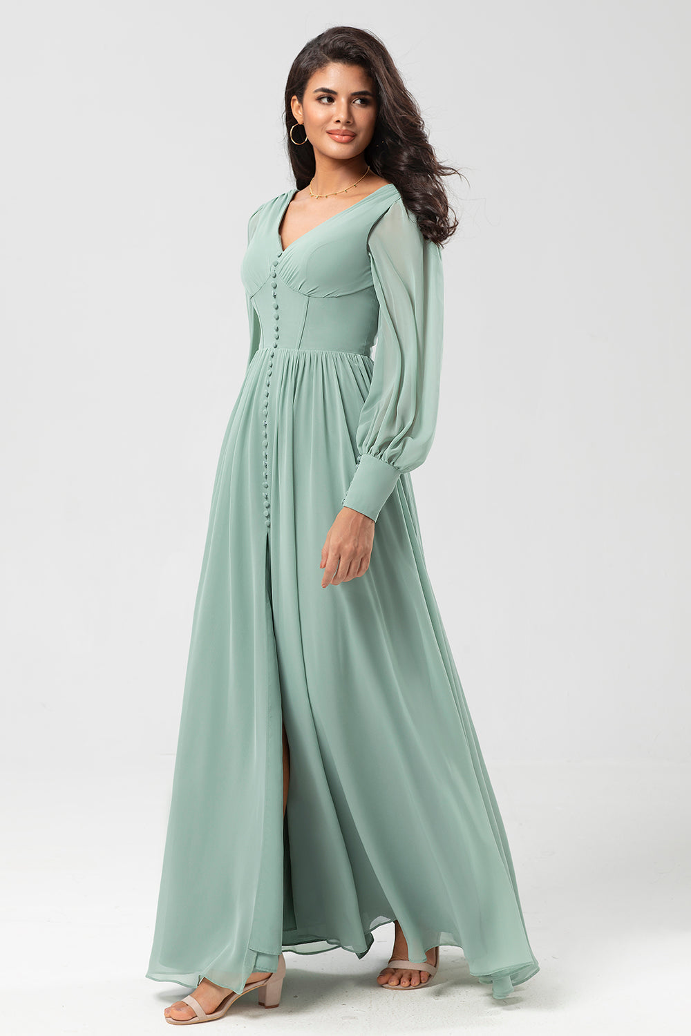 A Line Long Sleeves Chiffon Bridesmaid Dress with Buttons