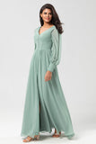 A Line Long Sleeves Chiffon Bridesmaid Dress with Buttons