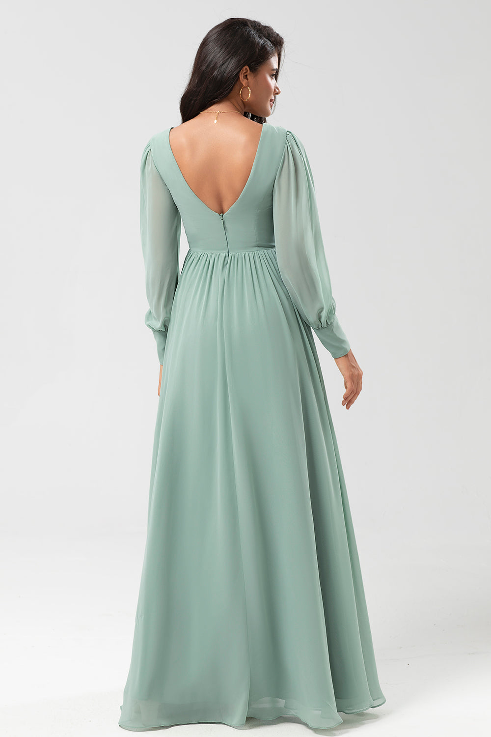 A Line Long Sleeves Chiffon Bridesmaid Dress with Buttons