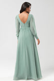 A Line Long Sleeves Chiffon Bridesmaid Dress with Buttons