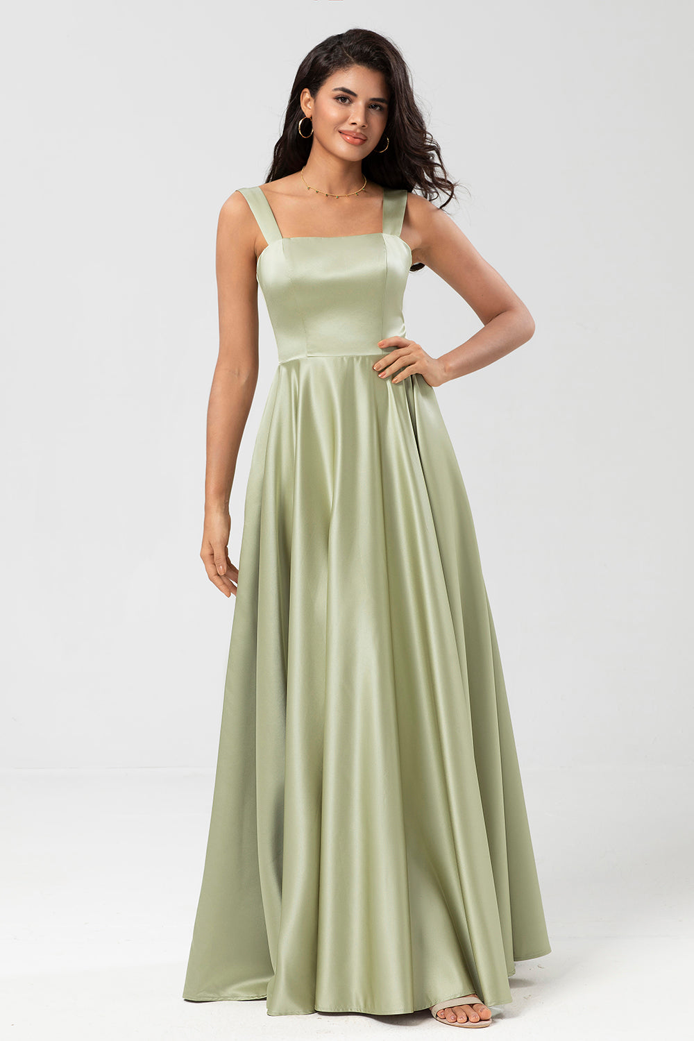 A Line Satin Green Bridesmaid Dress with Pockets