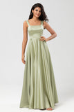 A Line Satin Green Bridesmaid Dress with Pockets