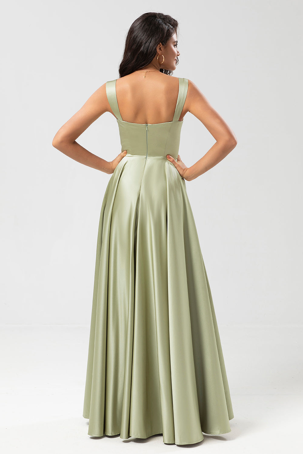 A Line Satin Green Bridesmaid Dress with Pockets