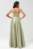 A Line Satin Green Bridesmaid Dress with Pockets