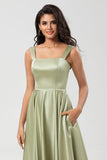A Line Satin Green Bridesmaid Dress with Pockets