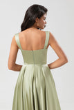 A Line Satin Green Bridesmaid Dress with Pockets