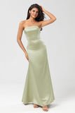 A Line Strapless Satin Sheath Long Green Bridesmaid Dress