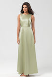 Green A Line Pleated Long Satin Bridesmaid Dress
