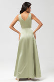 Green A Line Pleated Long Satin Bridesmaid Dress