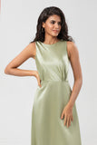 Green A Line Pleated Long Satin Bridesmaid Dress