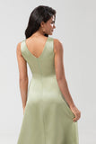 Green A Line Pleated Long Satin Bridesmaid Dress